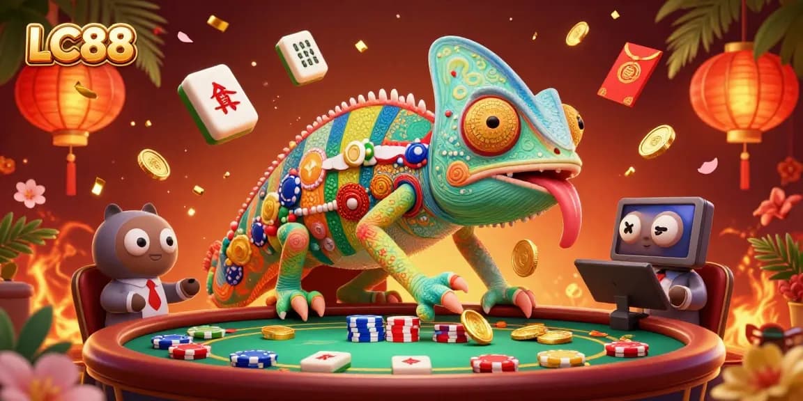 LC88 chameleon casino owner catching coins in a vibrant casino scene with golden elements.