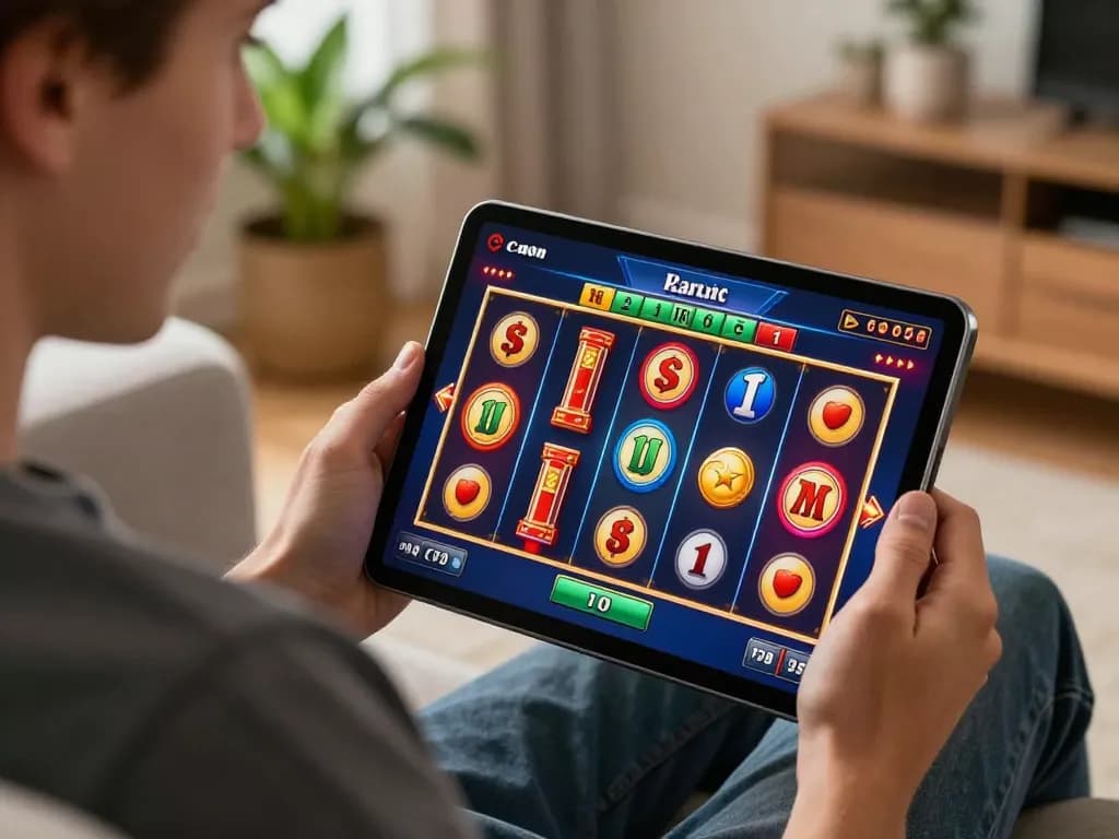 SUN WIN online gaming experience with a joyful player interacting with spinning slot reels on a tablet