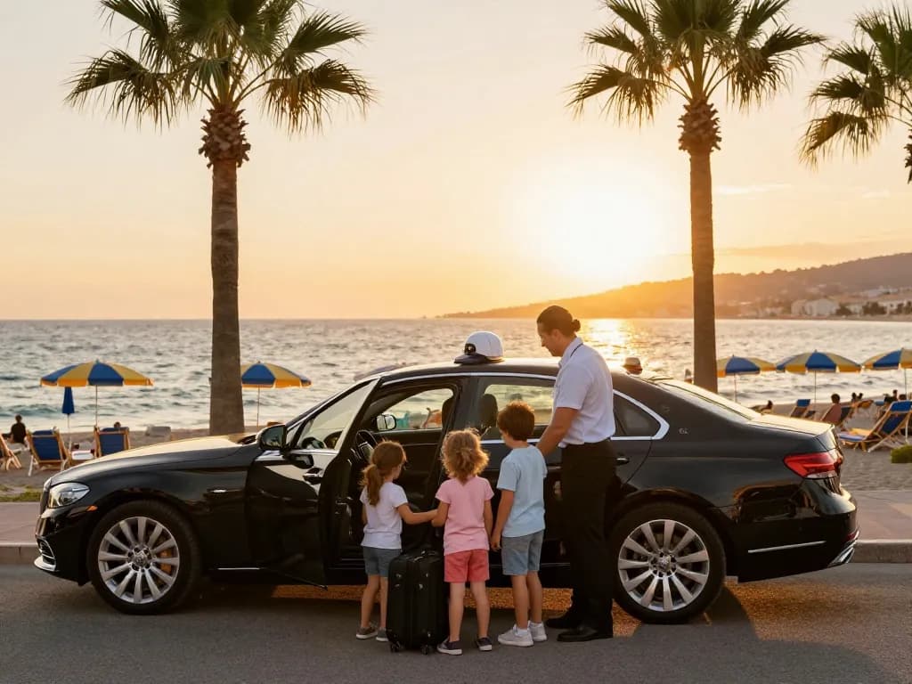 Service de taxi St Tropez aidant une famille avec des bagages à la plage lors du coucher de soleil.
