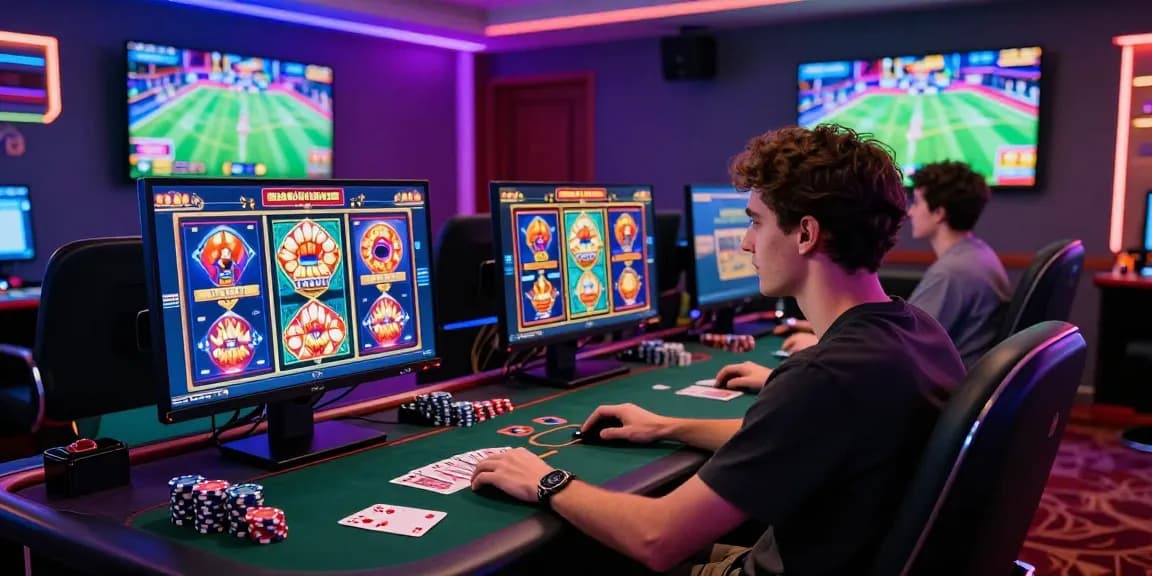 Exciting gaming scene showcasing casino jackpot city with player immersed in online gaming.