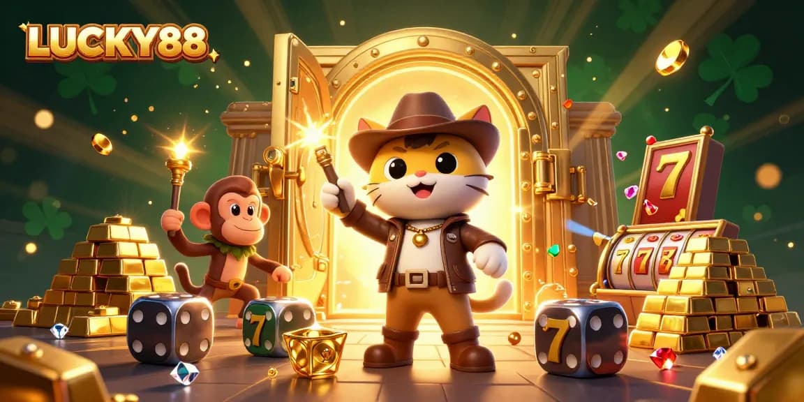 Experience thrilling gameplay with LUCKY88, featuring an explorer cat and treasures in a vibrant casino scene.