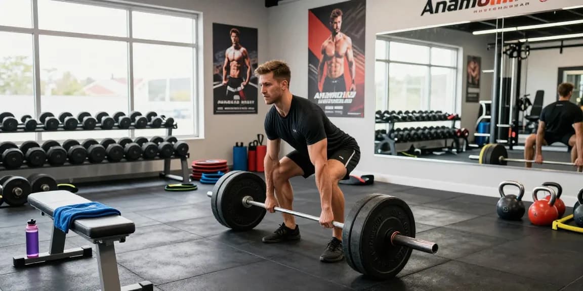 Muskulöser Mann trainiert mit Gewichten im Fitnessstudio und erfasst die Erfahrung des Anabolika Shop Deutschland im Bereich Fitness und Bodybuilding.