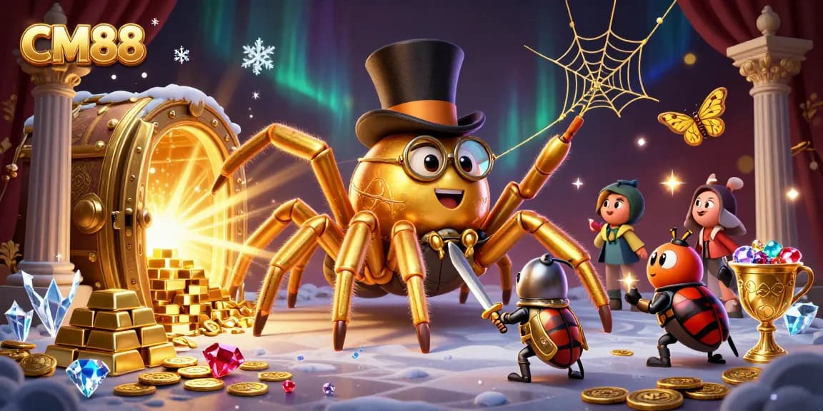 Experience excitement at CM88 with a dazzling casino scene featuring a golden tarantula and brave knight.