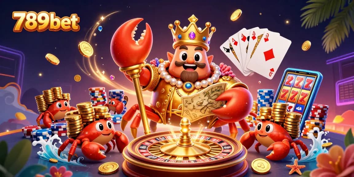 Experience winning moments at 789bet with a vibrant 3D casino scene featuring a golden crab emperor surrounded by treasures.