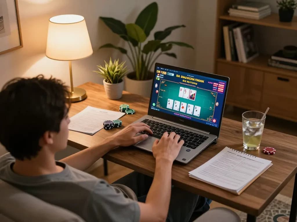 Playing game bài đổi thưởng on a laptop in a cozy home setting with strategy notes and vibrant screen.