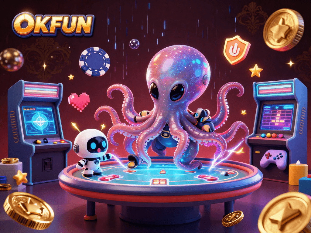 Experience thrilling games at OKFUN with a vibrant scene featuring a cartoon alien octopus and holographic poker.