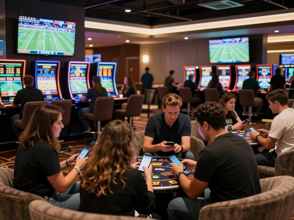 Fans engaged in sports betting excitement at a modern venue showcasing keonhacaii.