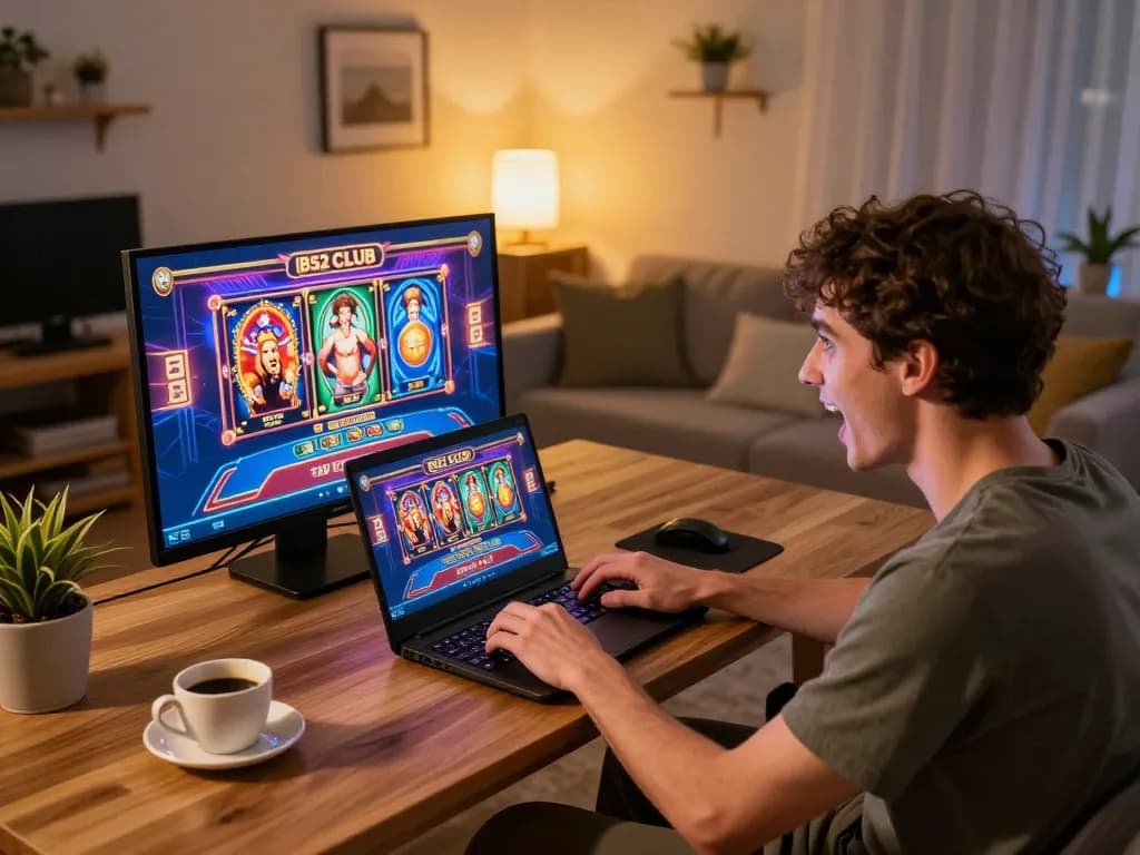 B52 Club player enjoying online slots, engaged in responsible gaming at home