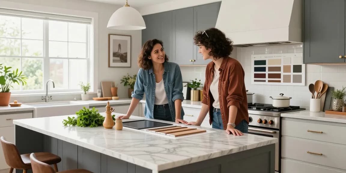 Stylish kitchen renovation scene showcasing elegant countertops and a designer at work.