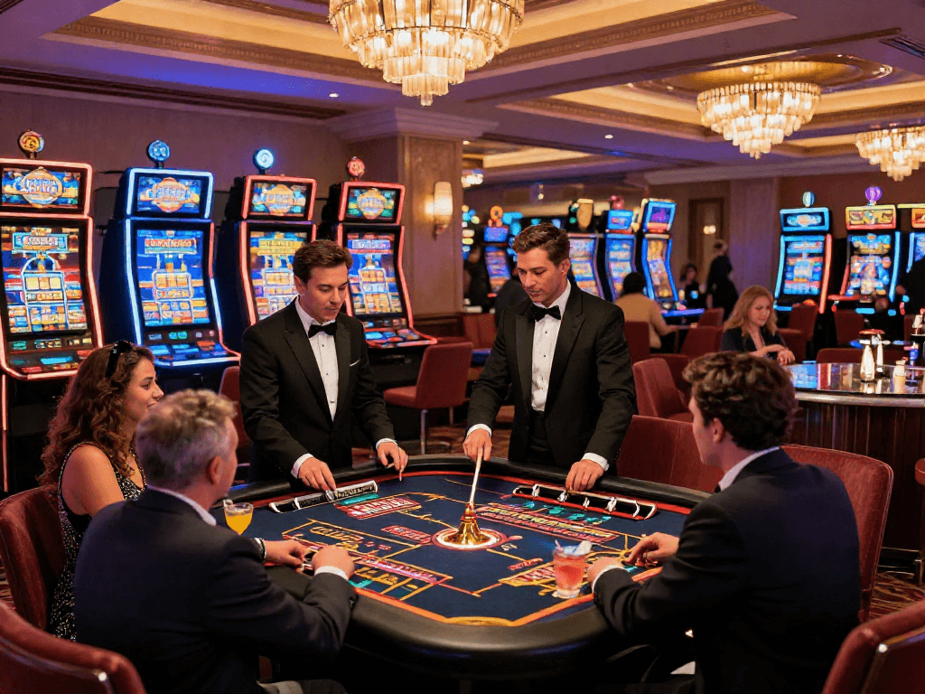Atmosfera di un casinò non AAMS con giocatori entusiasti al tavolo della roulette, luci brillanti e design elegante.