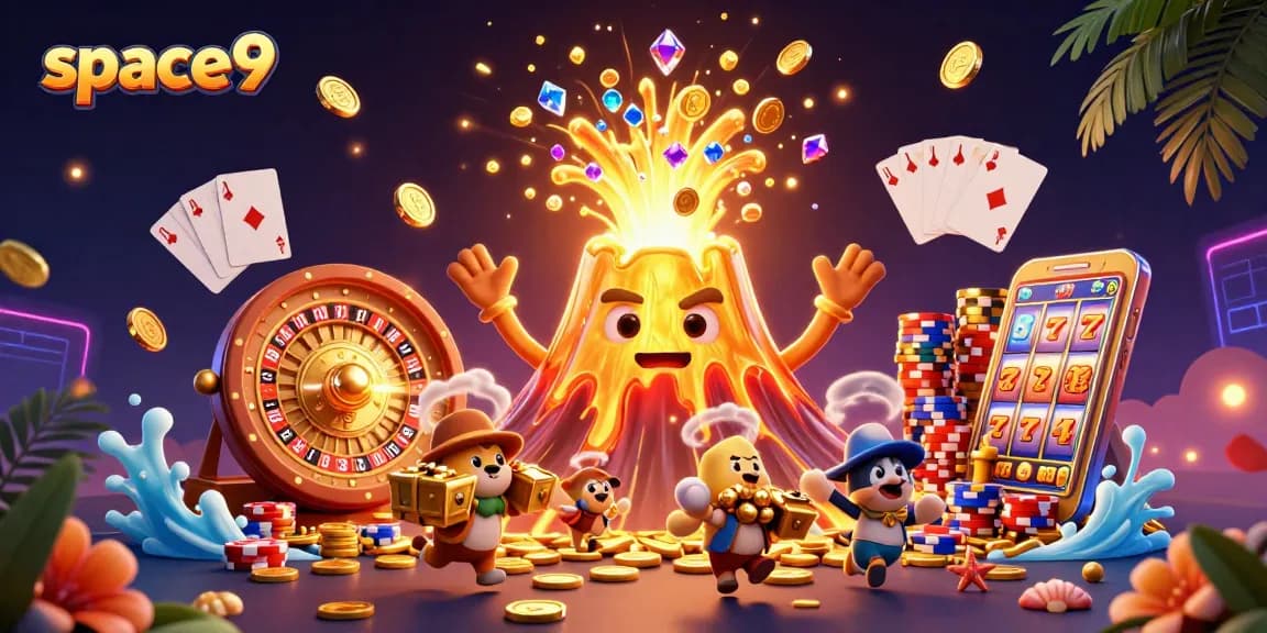 Experience thrilling wins with space9, featuring a golden volcano erupting treasures and vibrant casino elements.