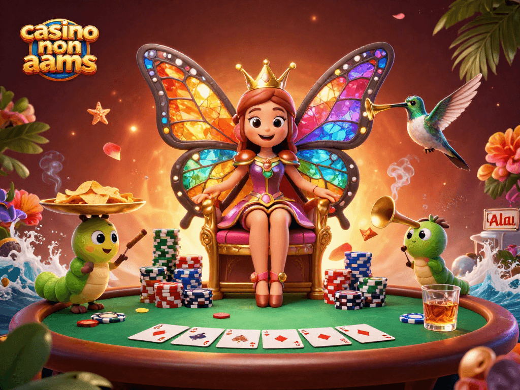 Gioca nel casino non aams con la regina farfalla e un tavolo da poker avvolto da colori vivaci.