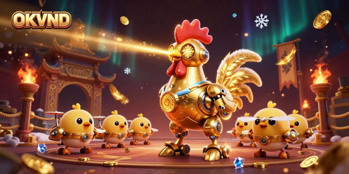 Experience OKVND's thrilling golden rooster robot engaging in high-stakes action amidst a vibrant casino scene.