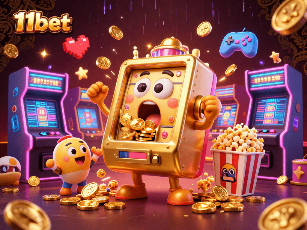 11bet's thrilling 3D casino scene showcases a golden slot machine hitting a jackpot as coins emerge.