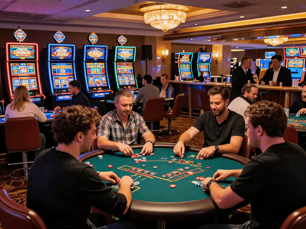 I migliori casino non AAMS: giocatori impegnati in tavoli e slot machine, atmosfera vivace e sociale.