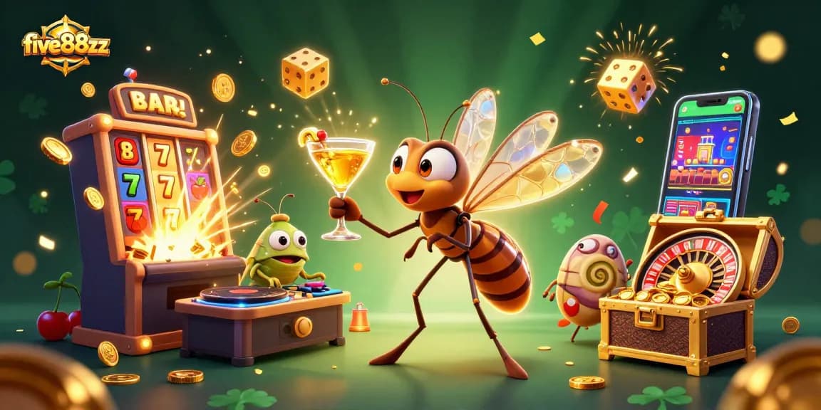 Experience exciting casino fun with five88zz in a vibrant 3D illustration featuring dynamic gaming elements.