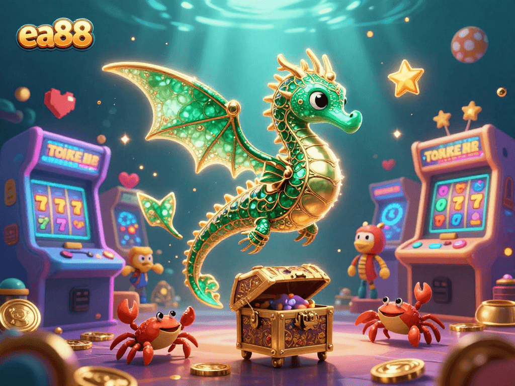 Play exciting games at ea88 with a vibrant 3D underwater casino scene featuring a dragon guard.