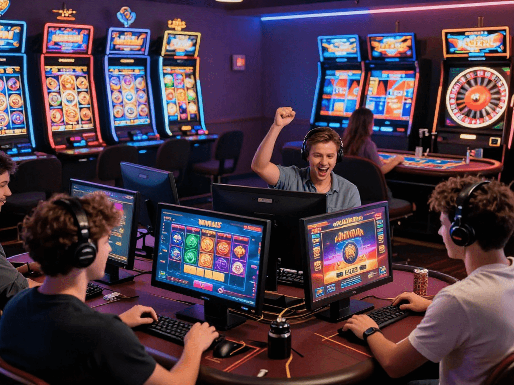 Giocatori coinvolti in giochi casinò non AAMS su dispositivi digitali, con grafica colorata e atmosfera vivace.