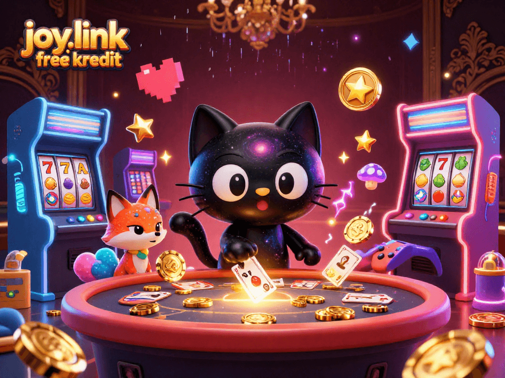 Engage with joy.link free kredit at a cosmic casino table, featuring a black hole cat and colorful slot games.