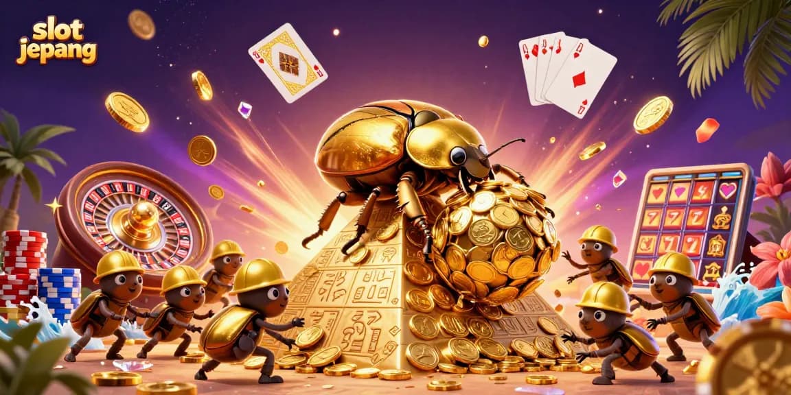 Experience the thrill of slot jepang with golden beetles and cascading casino elements in a dynamic illustration.