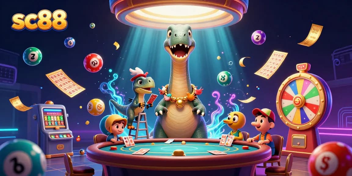 sc88 interactive scene with a brontosaurus at a casino, raptor dealer, and vibrant game elements.