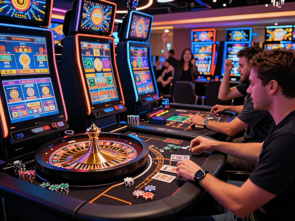 Giocatori di casino non aams in un ambiente vivace, immersi nel gioco.
