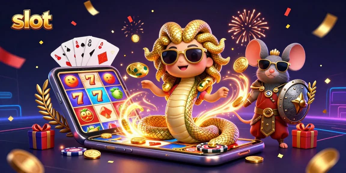 Spin the slot reels with Medusa and a warrior in a vibrant 3D casino celebration.