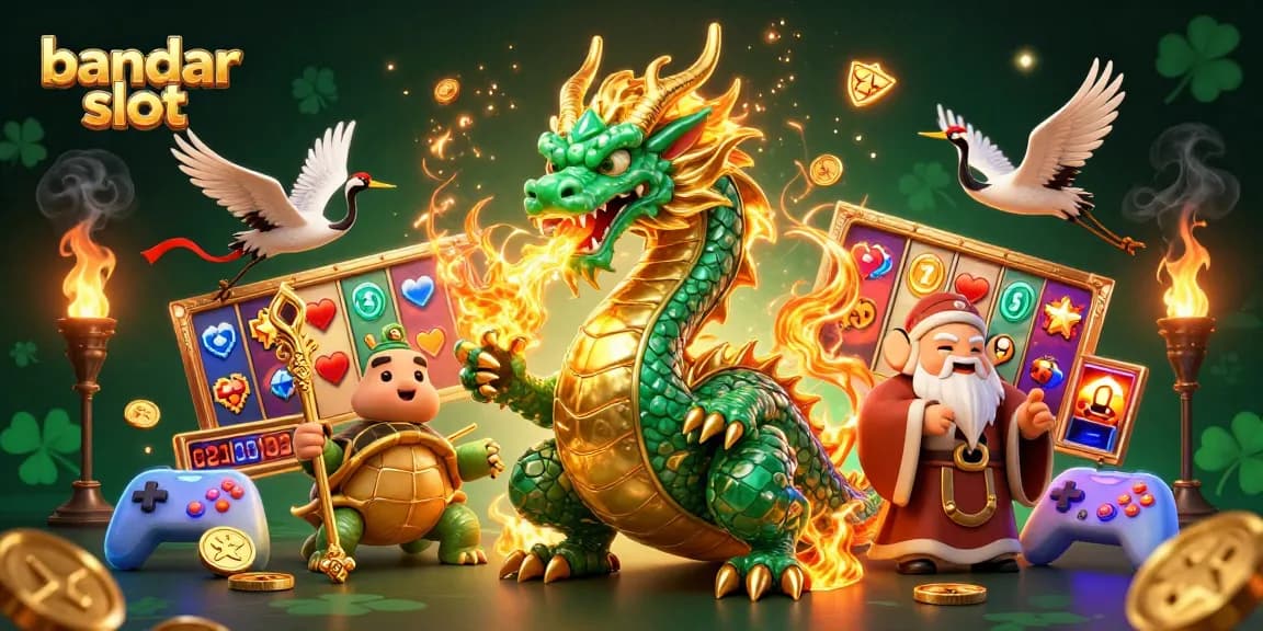 Engage with bandar slot action through a dynamic illustration showcasing a jade dragon, wise turtle, and lucky cranes among slot reels and coins.