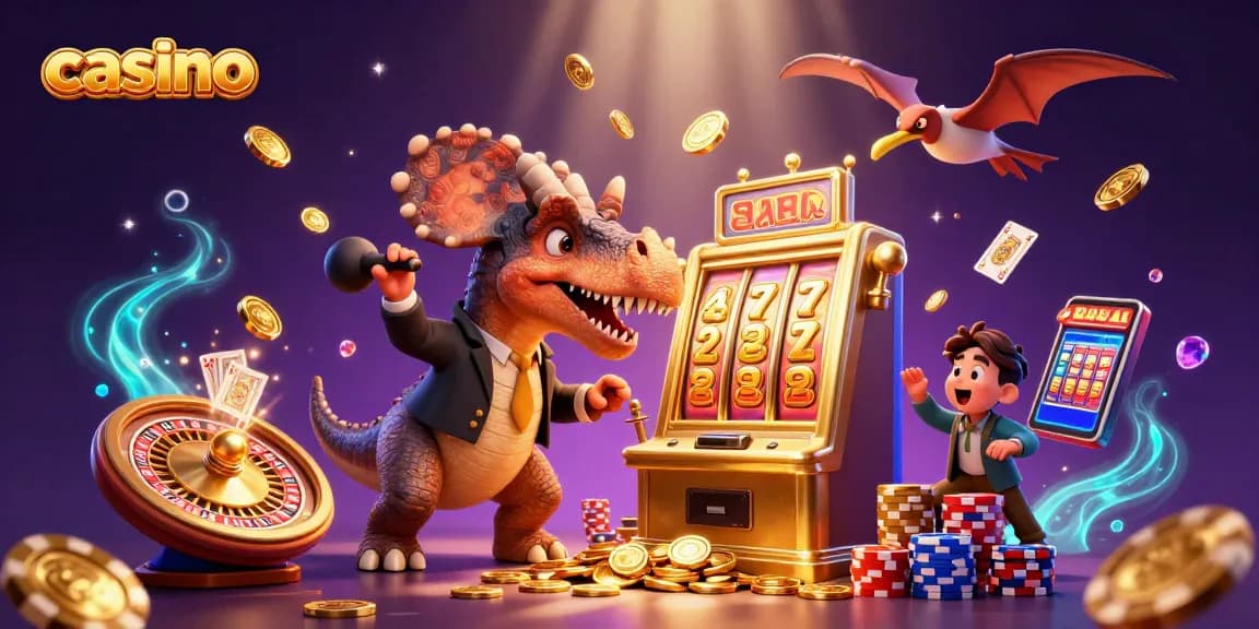 Casino excitement unfolds as a pachycephalosaurus triggers a jackpot with golden coins cascading around.