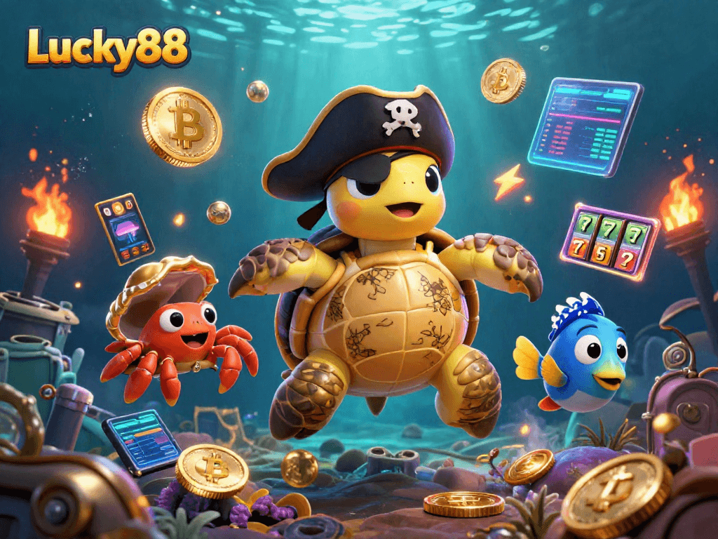 Engage with Lucky88's vibrant underwater world, featuring a cartoon pirate turtle and shiny coins.