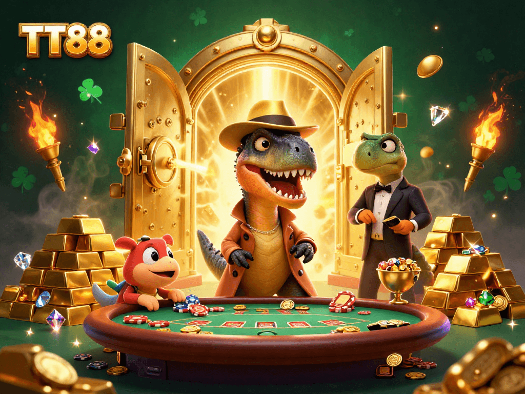 TT88's velociraptor card counter plays blackjack as a stegosaurus pit boss supervises in a lively casino scene.