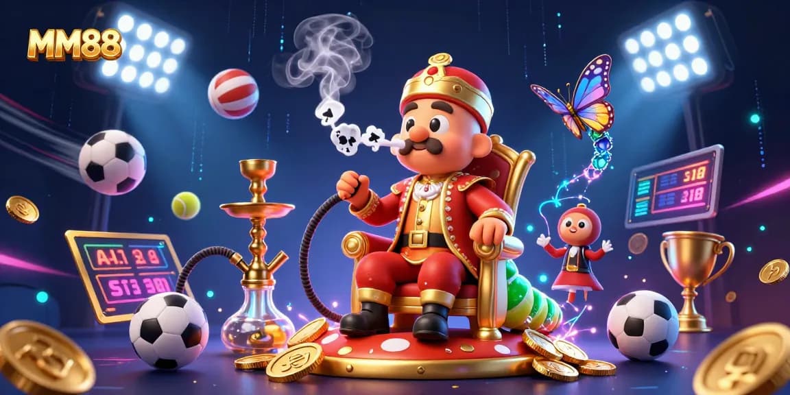 Engage with MM88 through an exciting casino-themed illustration featuring dynamic sports elements and a mystical caterpillar.