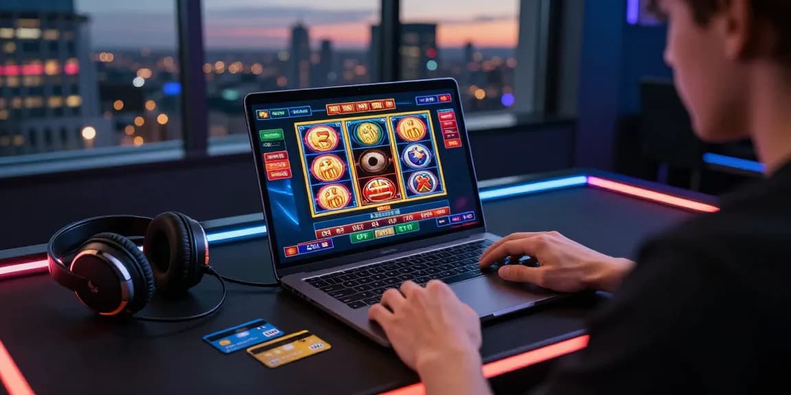 Engaged player exploring credit card casinos UK at a stylish desk with vibrant gaming interface and credit cards.