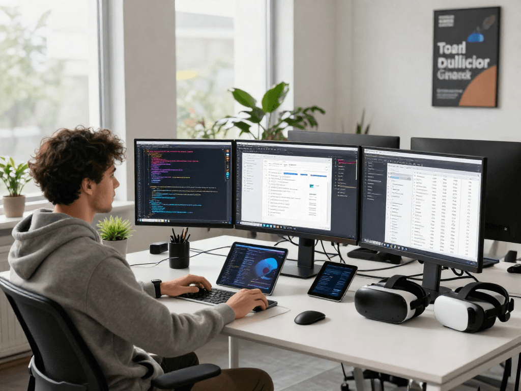 Dynamic software development scene at debet com with an engineer coding in a modern office.