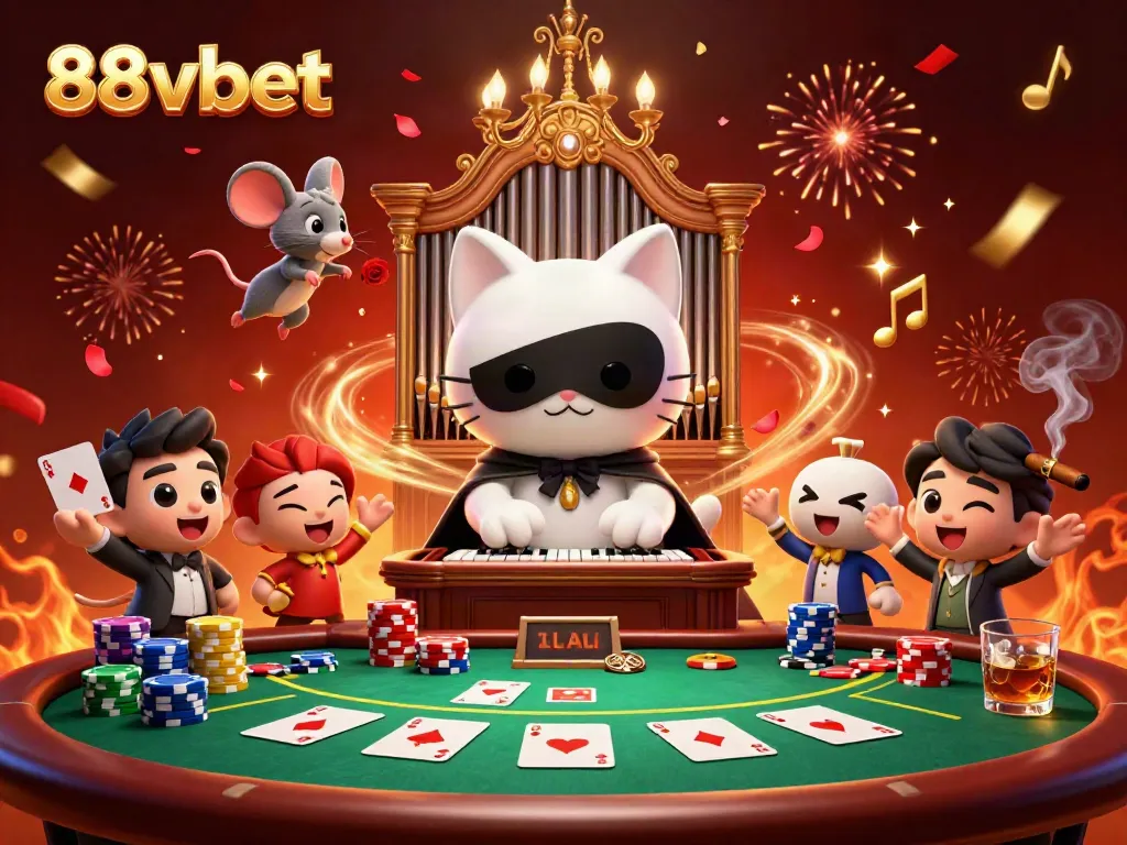 Experience the magic of 88vbet as a whimsical cat and acrobat perform at a dynamic casino scene.