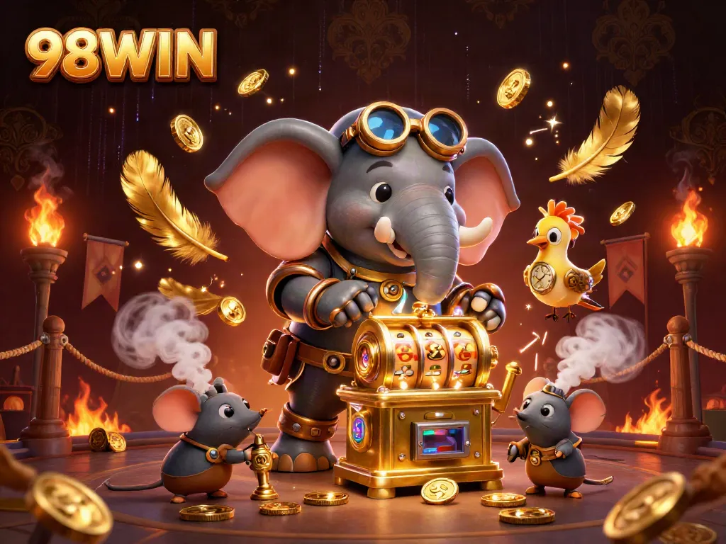Spin the 98WIN slot machine in a vibrant, fantasy-inspired casino scene.