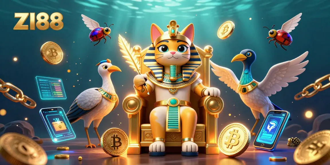 Join the action at z188 online casino with a vibrant 3D scene featuring a pharaoh cat and crypto elements.