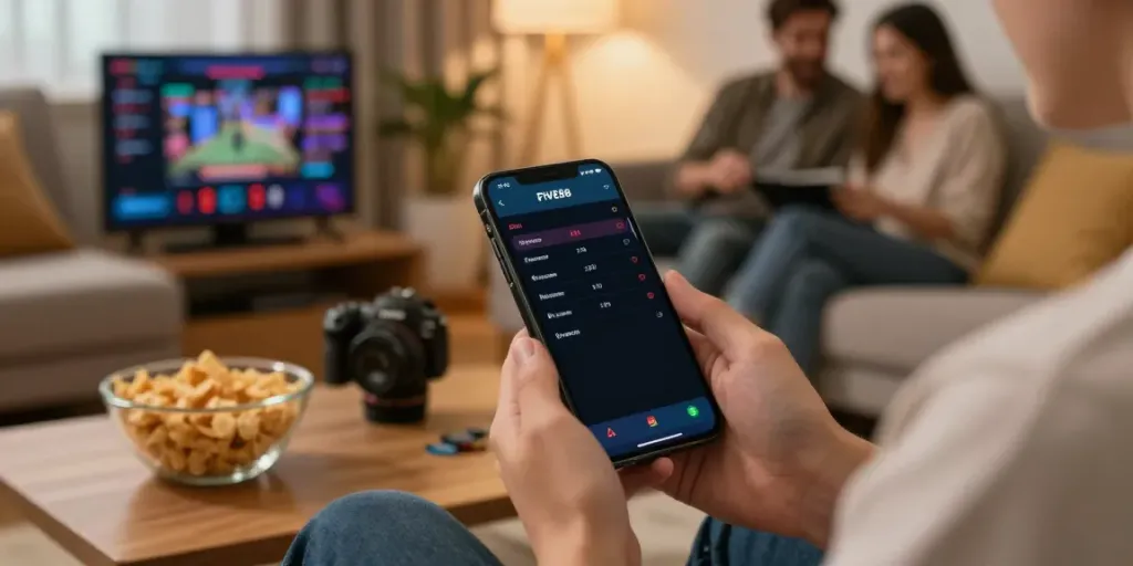 Engaged user experiencing FIVE88 online betting on mobile app in a cozy living room.