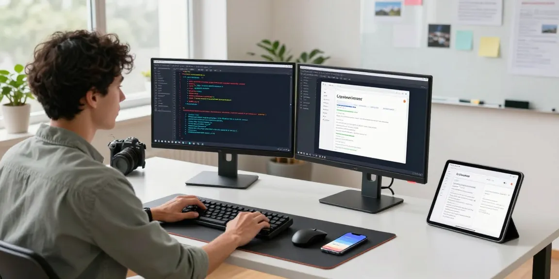快连 development workspace with a developer coding and modern tech setup, showcasing productivity and collaboration.