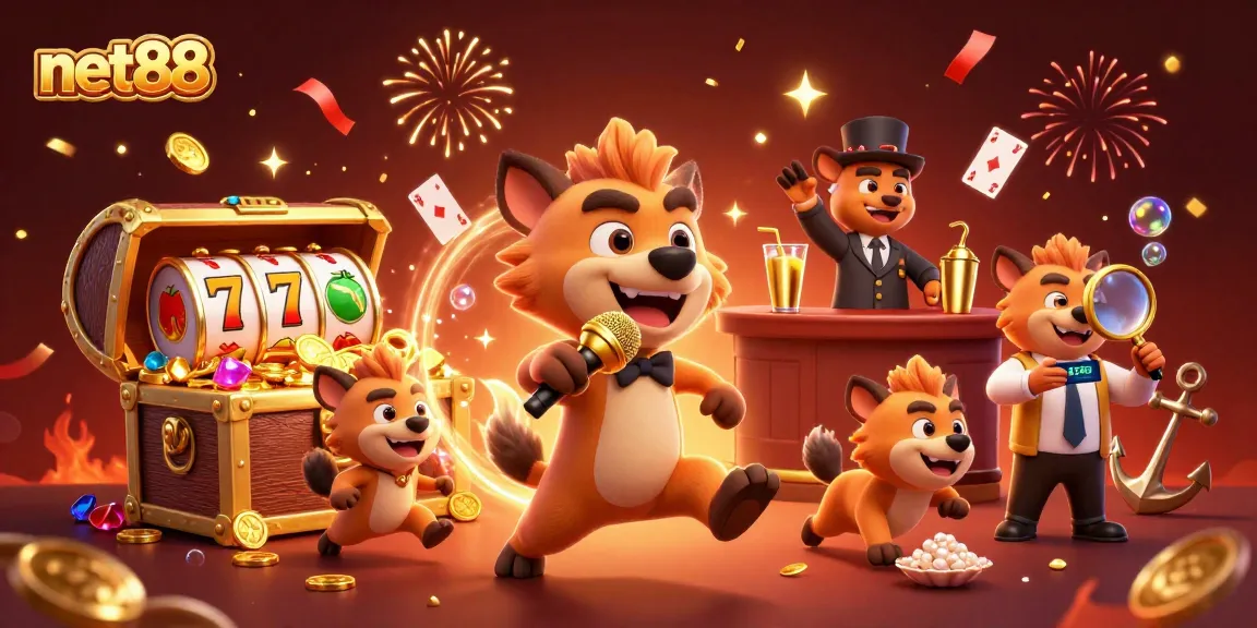 Experience net88's vibrant casino scene featuring hyenas, slot reels, and dynamic gameplay.