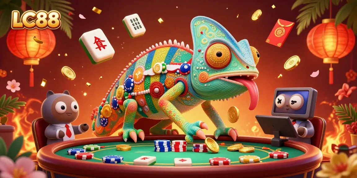 LC88 chameleon casino owner catching coins in a vibrant casino scene with golden elements.