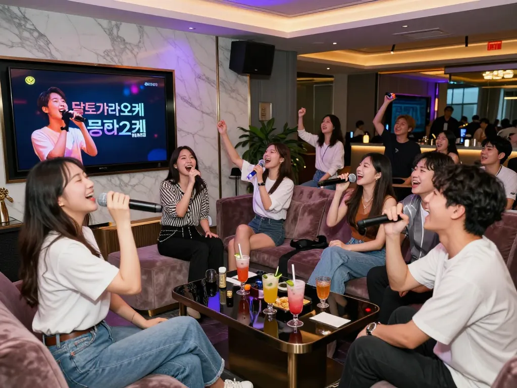 활기찬 분위기 속에서 노래하는 달토가라오케의 에너지 넘치는 손님들.