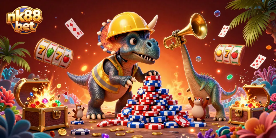 Cheerfully celebrate nk88 bet with a lively 3D scene of cartoon dinosaurs and casino elements.