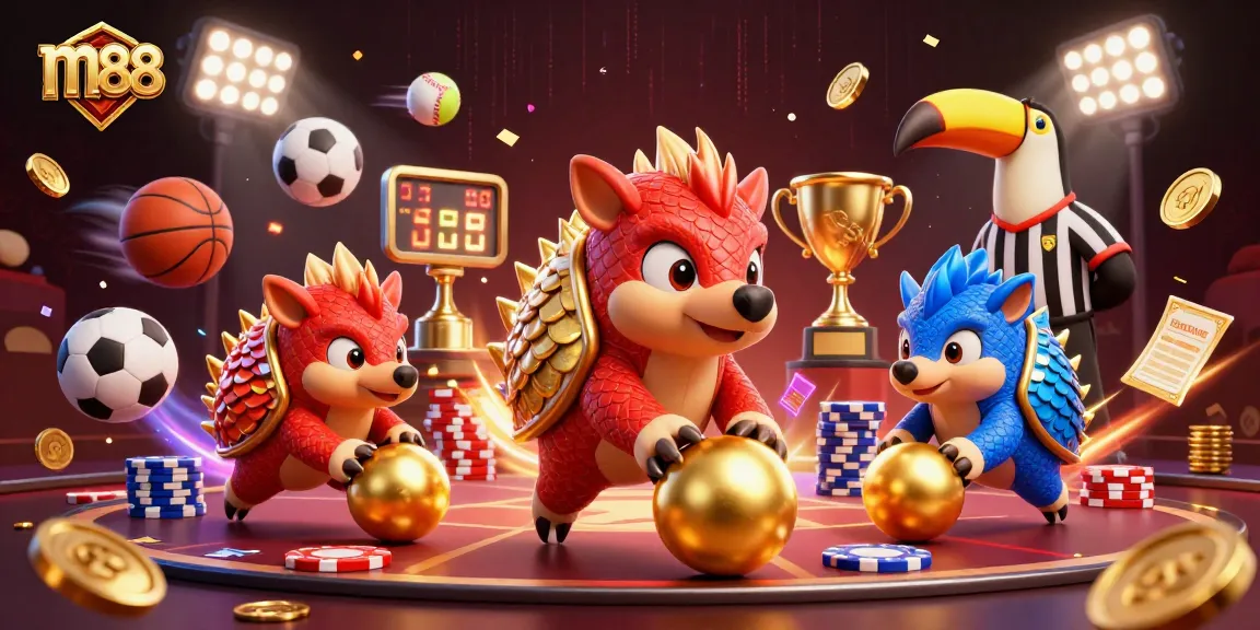 M88 showcases rival pangolins in scaled armor competing amidst gold poker chips, celebrating winning sports bets.