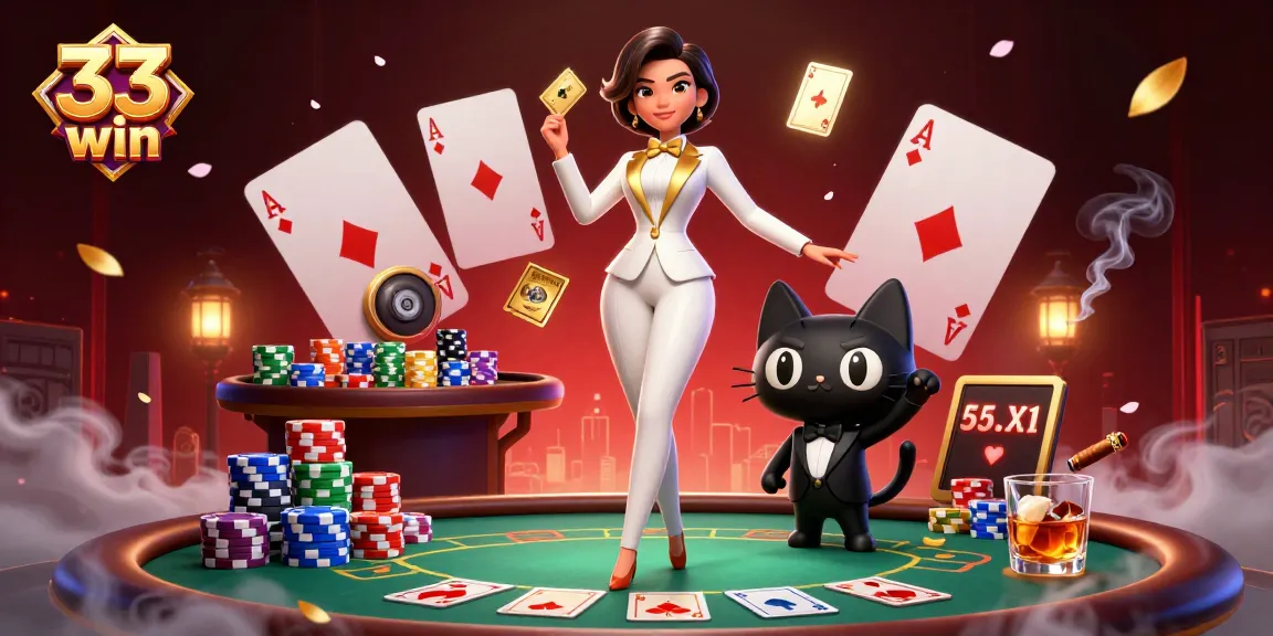 Engage with 33 win at an exciting casino scene featuring a glamorous dealer and a playful cat.