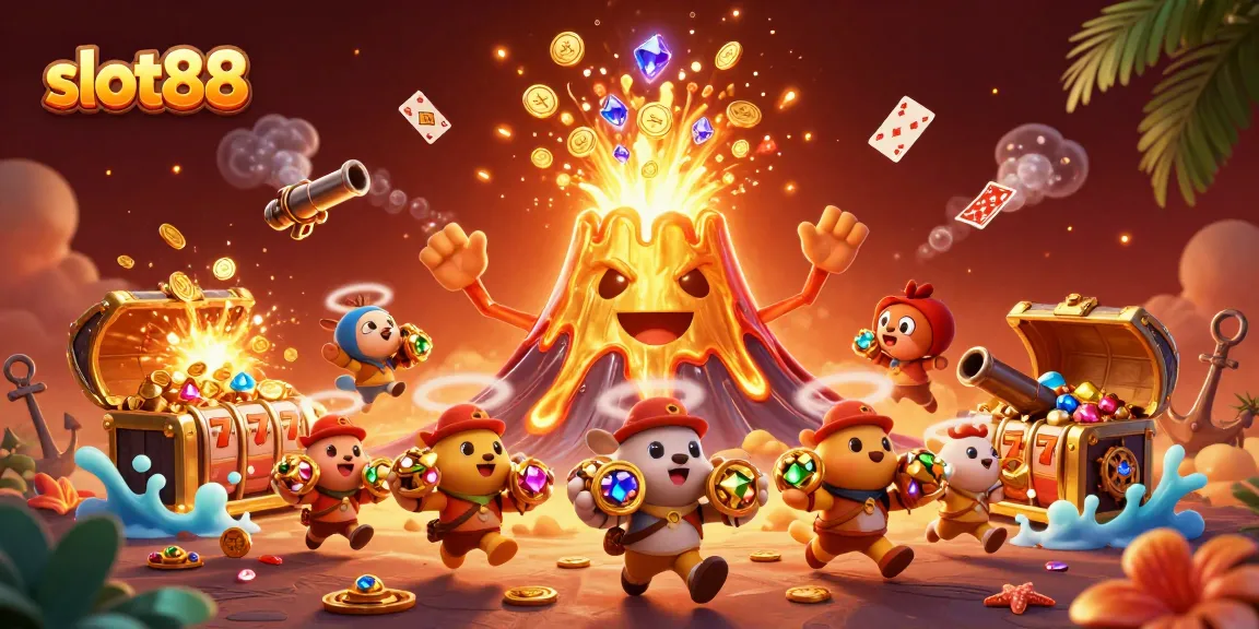 Engage with slot88 by spinning slot reels amid a rich treasure scene of gold and gems.