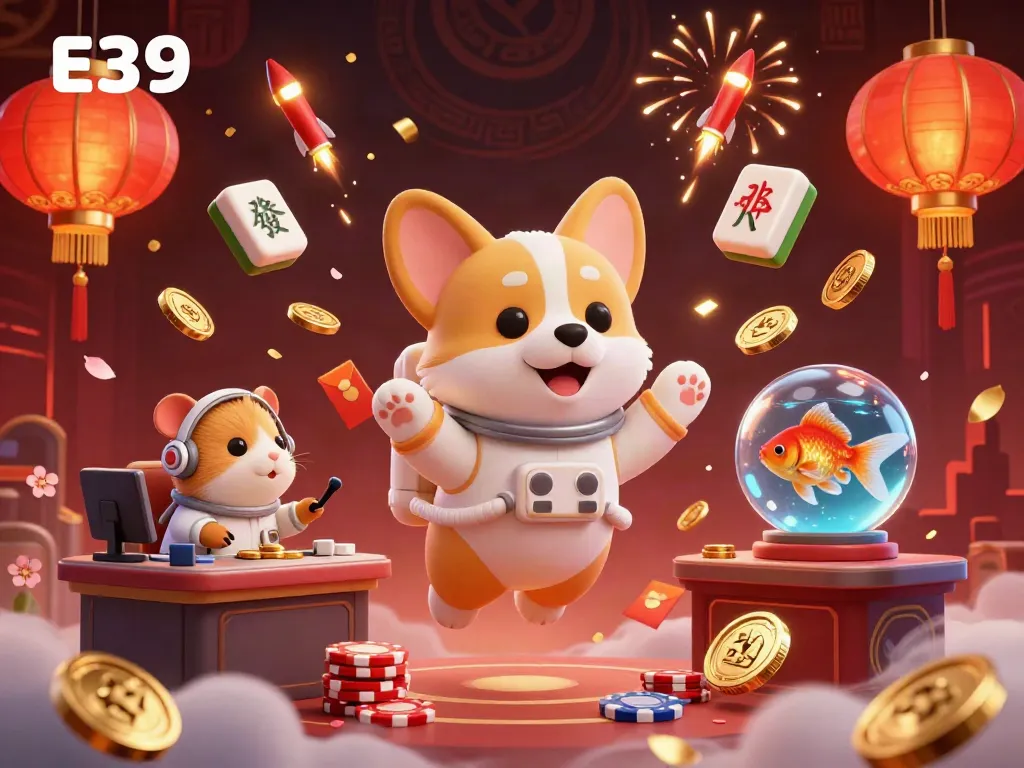 Experience the thrilling E39 casino with a floating corgi astronaut surrounded by vibrant gaming elements.