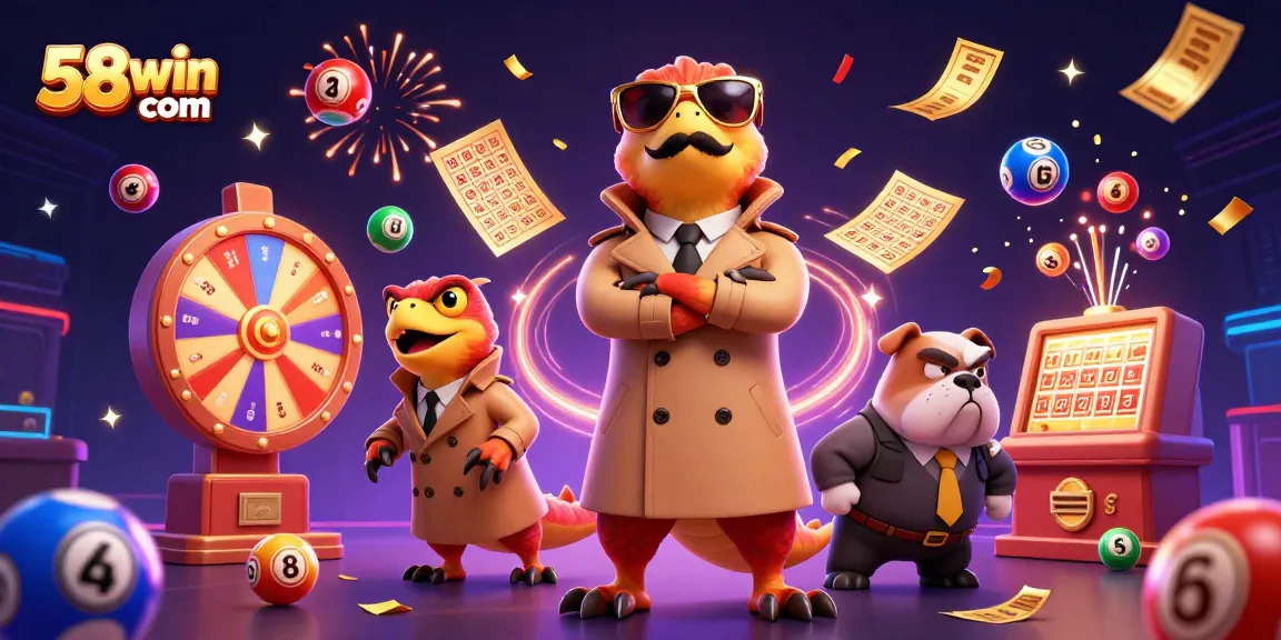 Experience thrilling gambling adventures with 58win com and colorful prizes in a festive casino scene.