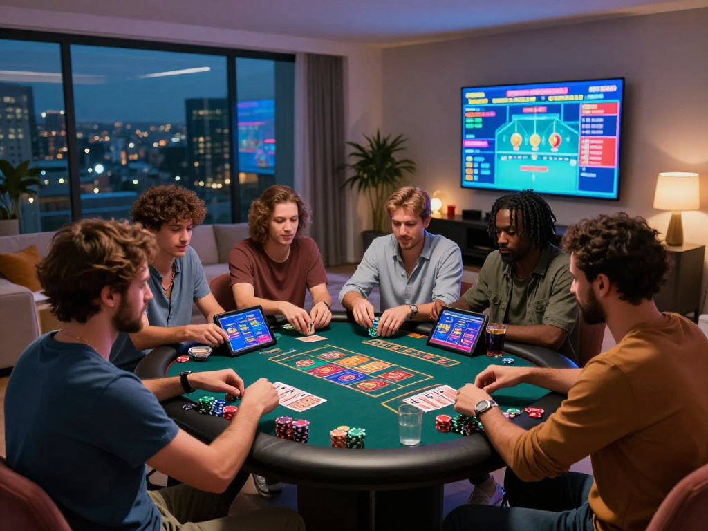 Un'atmosfera vivace di gioco con amici in un casino non AAMS, tavolo moderno, luci LED e schermi di gioco.