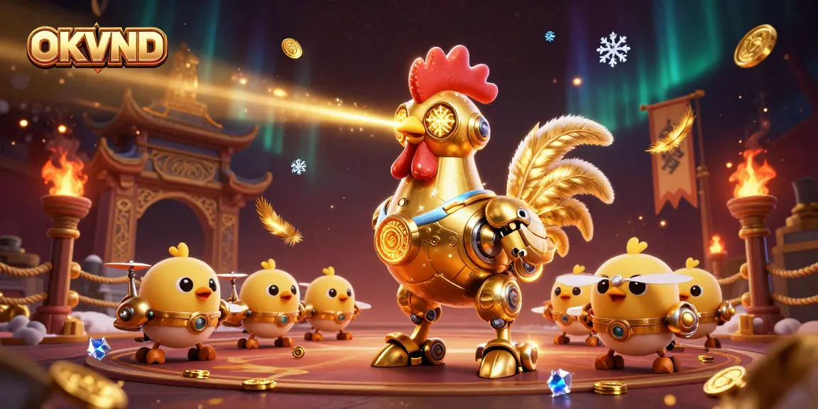 Experience OKVND's thrilling golden rooster robot engaging in high-stakes action amidst a vibrant casino scene.